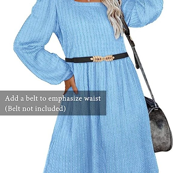 WEESO Women Blue Knit Square Neck Long Sleeve Knee Length Babydoll Dress Medium - Picture 2 of 4